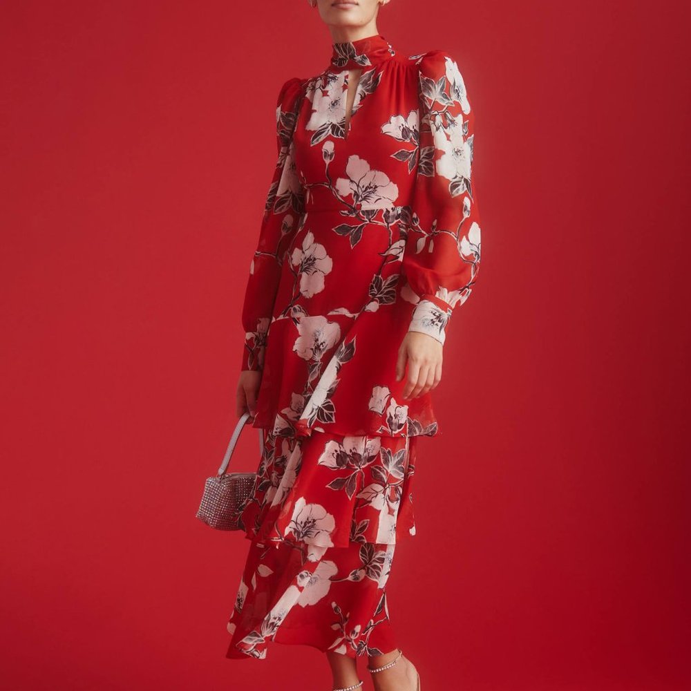 Anthropologie Exquise Tiered Mock-Neck Midi Dress